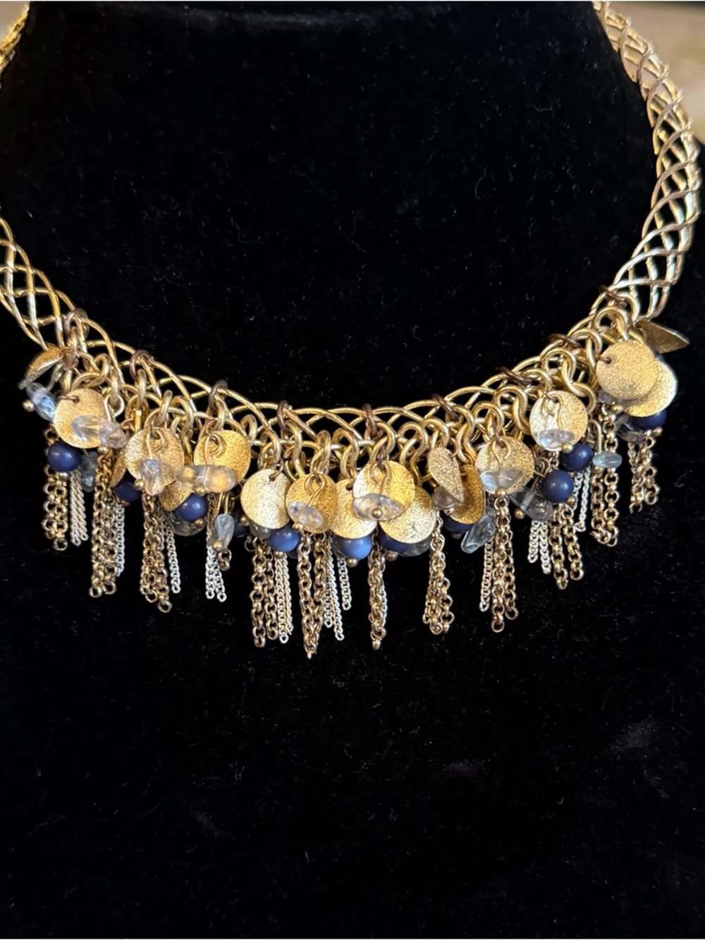 Gold-Tone Braided Fringe Choker with Matte and Bead Accents